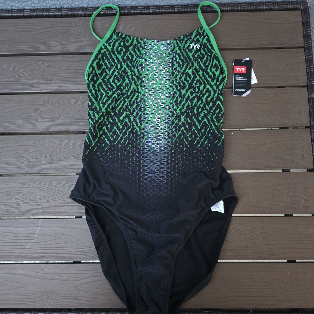 TYR Durafast Elite Women's Odessy Cutoutfit Black/green One Piece Swim Sz 40 New